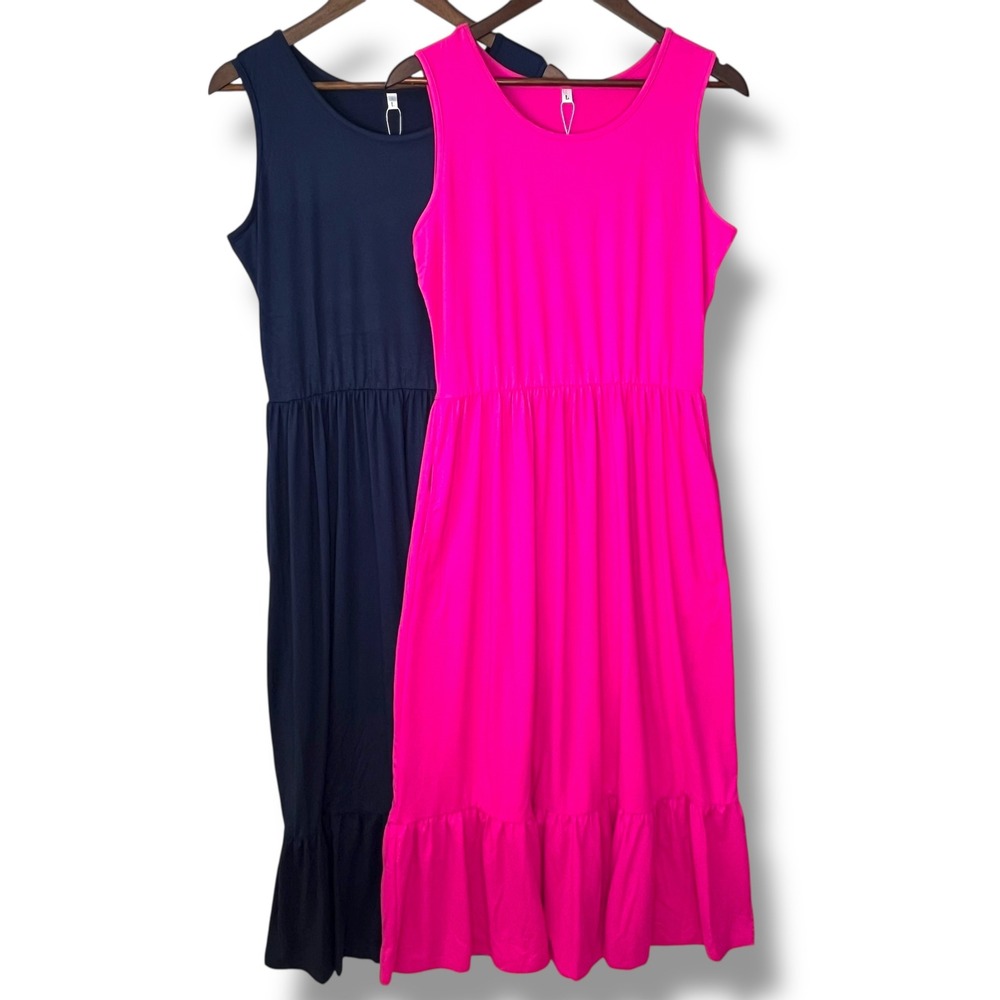 NEW AUSELILY Lot 2 Maxi Tank Dress L Ruffle Hem Cinch Waist Pockets Comfy Beach